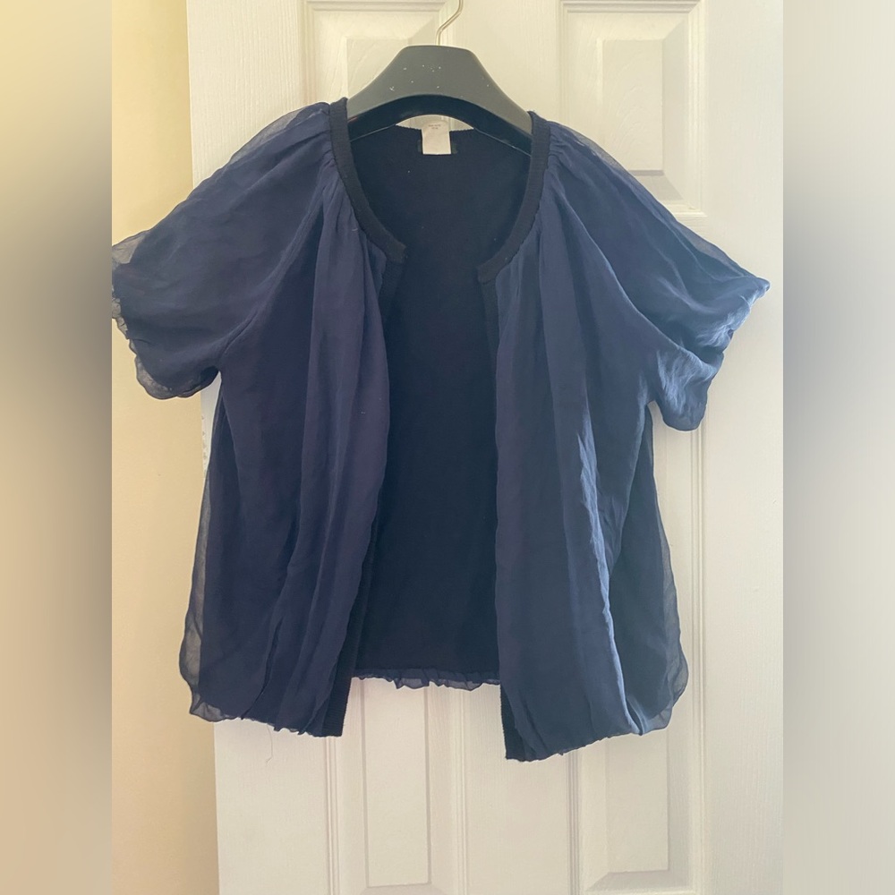 J. Crew Navy Chiffon Overlay Short Sleeve Silk Cardigan